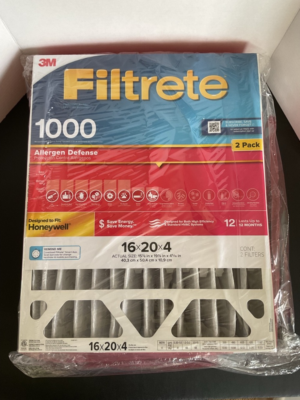 Filtrete 16x20x4 AC Furnace Air Filter MERV 11 MPR 1000 Allergen Defense 2 Pack